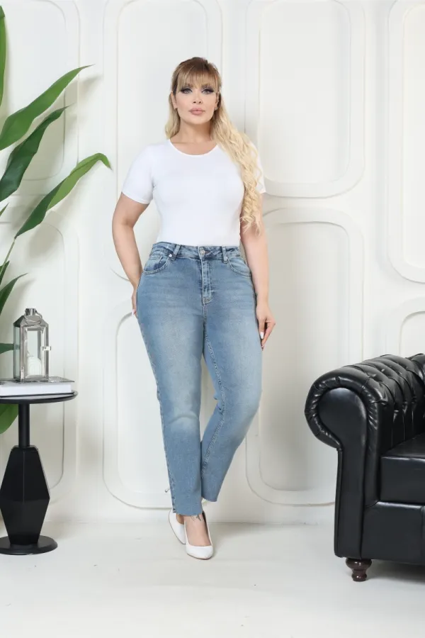 Fringe Ending High Waisted Mom Fit Jean  764-15-(32-36) Light Blue Denim