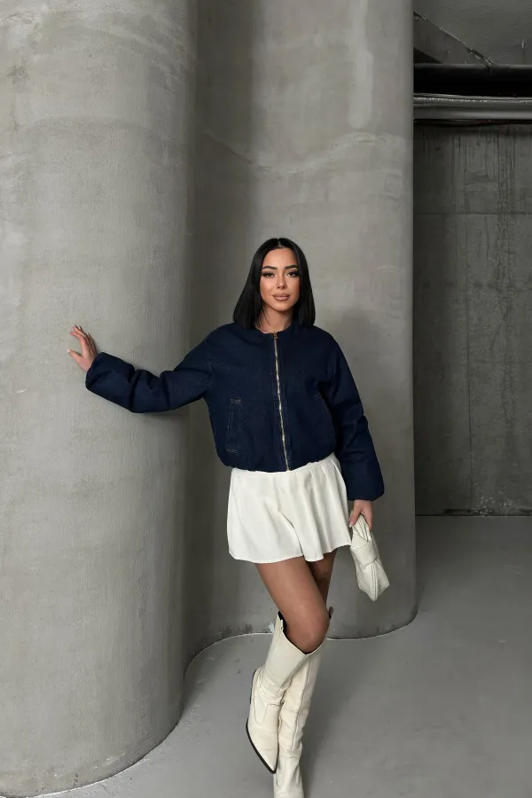 Cropped Zip-Up Jacket 6198-17-(S-L-3) Slubbed Navy Blue