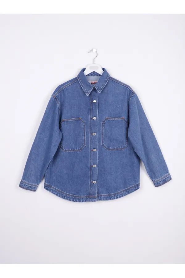 Oversize Denim Jacket with Octagonal Pocket and Stitching Detail 6069-15-(S+L+4) Light Blue Denim Oversize Denim Jacket with Octagonal Pocket and Stitching Detail 6069-15-(S+L+4) Light Blue Denim