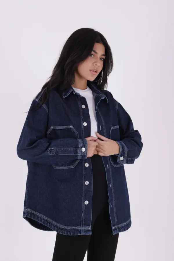 Oversize Denim Jacket with Octagonal Pocket and Stitching Detail 6069-17-(S+L+4) Slubbed Navy Blue Oversize Denim Jacket with Octagonal Pocket and Stitching Detail 6069-17-(S+L+4) Slubbed Navy Blue