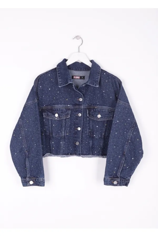 Oversize Short Denim Jacket with Stars and Rhinestones 6005-26-(S-L-5) Regular Dark Blue Oversize Short Denim Jacket with Stars and Rhinestones 6005-26-(S-L-5) Regular Dark Blue