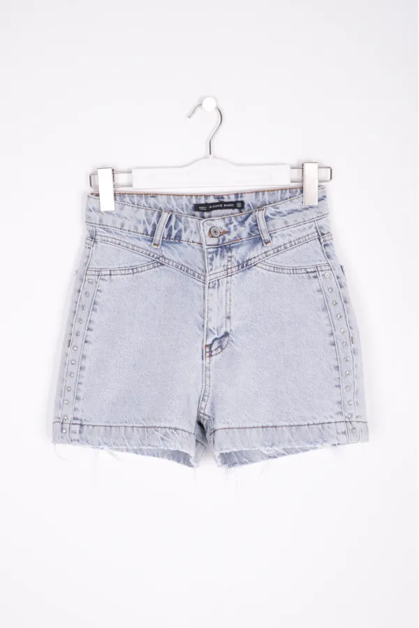 Denim Short with Rhinestones on Sides 230-08-(S-XL-6) Snow Light Blue Denim Short with Rhinestones on Sides 230-08-(S-XL-6) Snow Light Blue