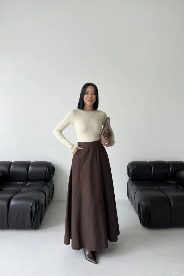 Ruffled Long Skirt with Elasticated Waist  1063-78-(36-44) Brown