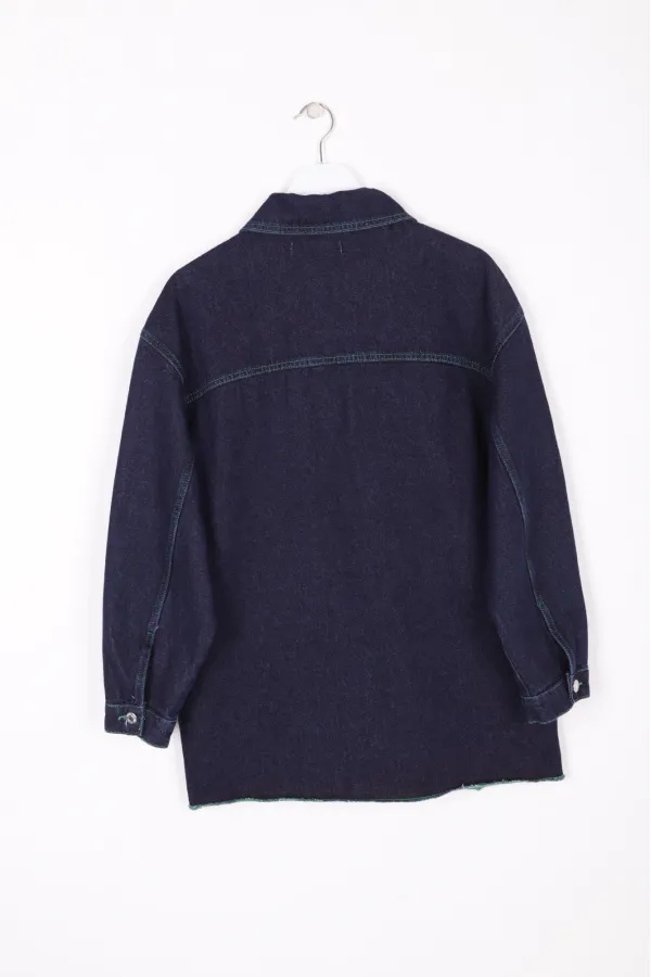 Denim Jacket Sewn with Green Thread 6021-17-(S-XL-6) Slubbed Navy Blue Denim Jacket Sewn with Green Thread 6021-17-(S-XL-6) Slubbed Navy Blue