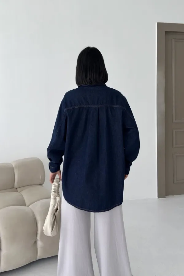 Oversize Denim Jacket with Buttons  6080-17-(S-L-3) Slubbed Navy Blue