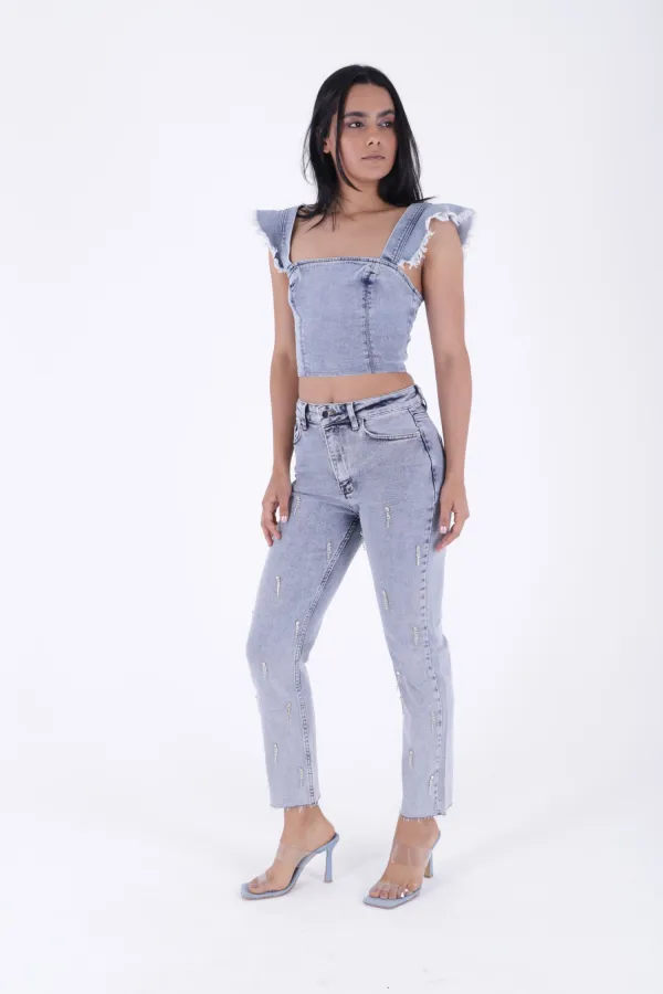 Damla Taşlı Mom Fit Kot Pantolon  7024-08-(26-31)