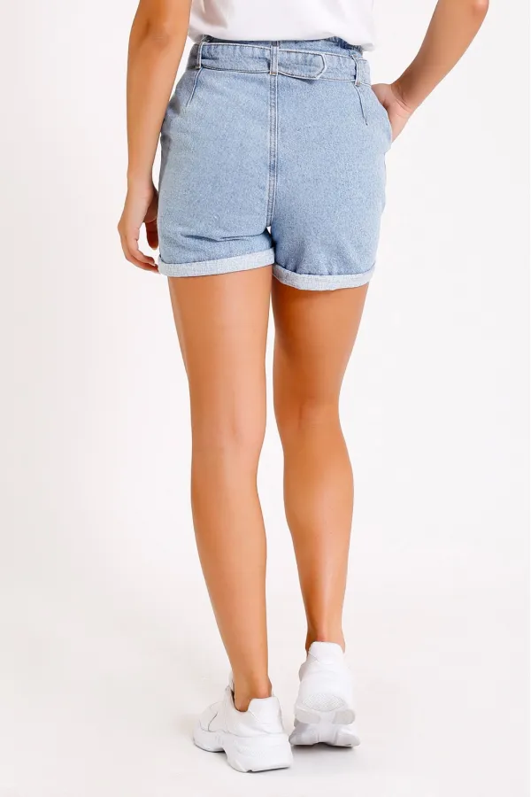 Pleated Denim Short with Denim Belt 222-42-(S-XL-6) Ice Blue - Tinted Pleated Denim Short with Denim Belt 222-42-(S-XL-6) Ice Blue - Tinted