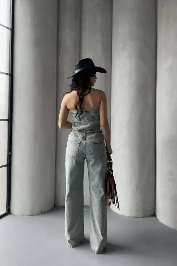 Straplez Düğmeli Kot Tulum 3023-42-(XS-XL-7)