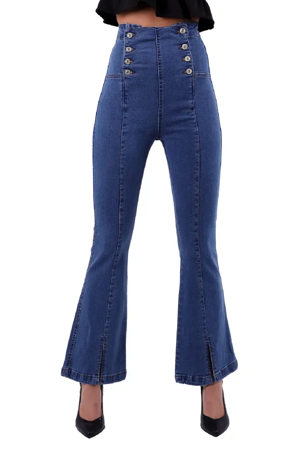 Önü Yırtmaçlı Düğme Detaylı Kot Pantolon  1751-27-(27-32)