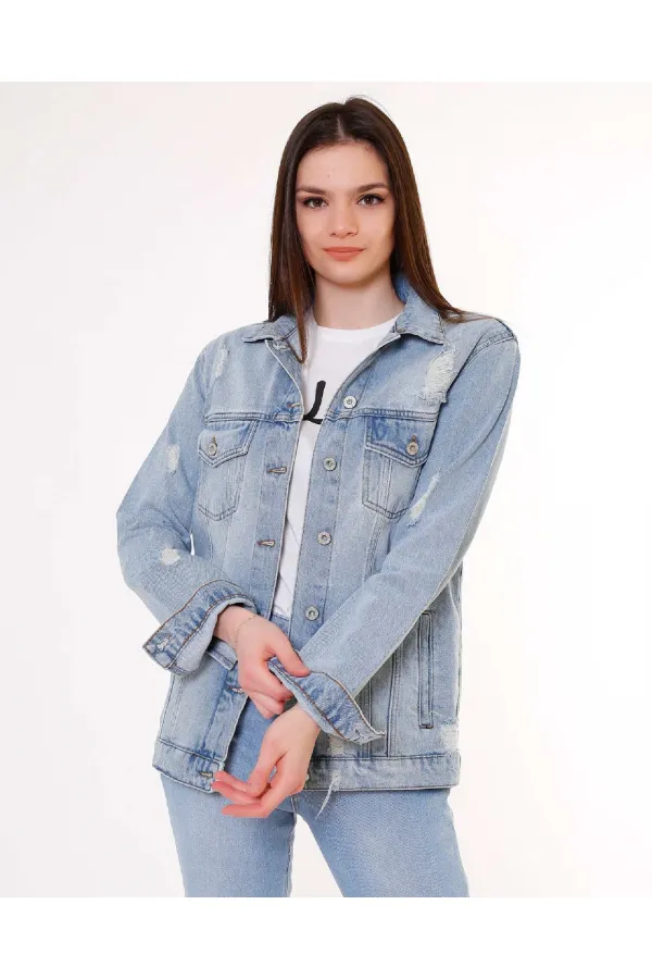 Boyfriend Denim Jacket 655-42-(S-XL-6) Ice Blue - Tinted Boyfriend Denim Jacket 655-42-(S-XL-6) Ice Blue - Tinted