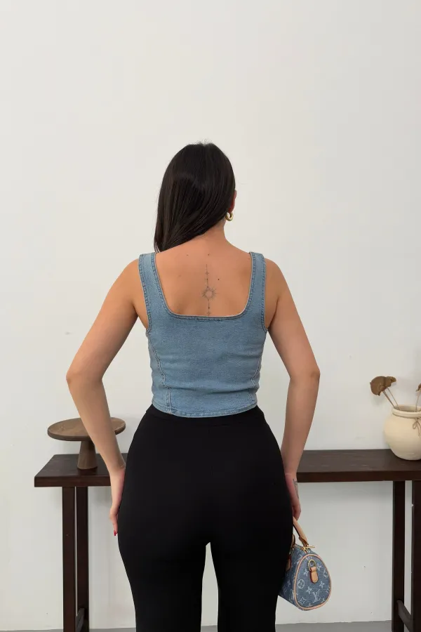 Fermuarlı Denim Büstiyer 411-25-(S-L-3)