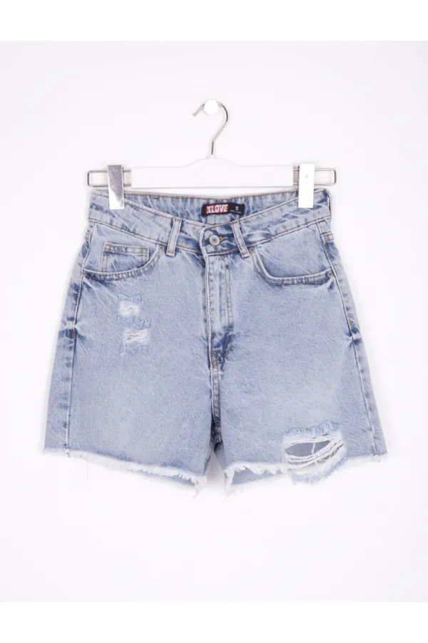 Ripped Denim Short with Fringe Ending 225-08-(S-XL-6-2) Snow Light Blue Ripped Denim Short with Fringe Ending 225-08-(S-XL-6-2) Snow Light Blue