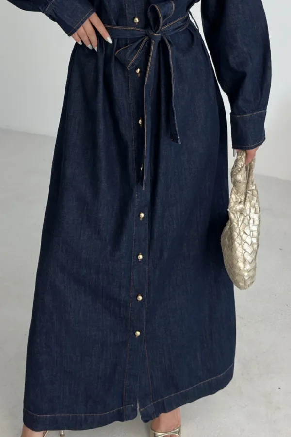 Buttoned Classic Long Denim Dress 3034-17-(S-XL) Slubbed Navy Blue