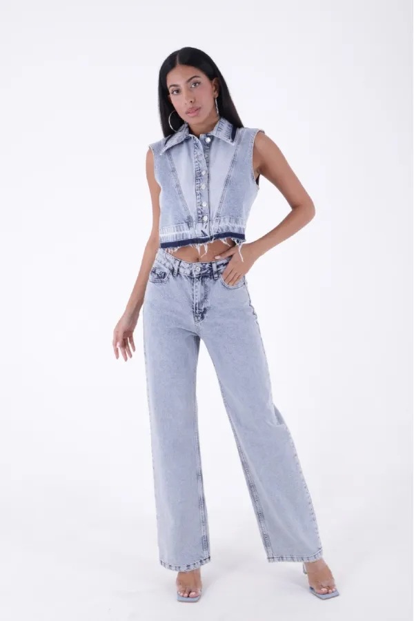 Wide Leg High Waisted Relaxed Jean  718-08-(S-L-3) Snow Light Blue