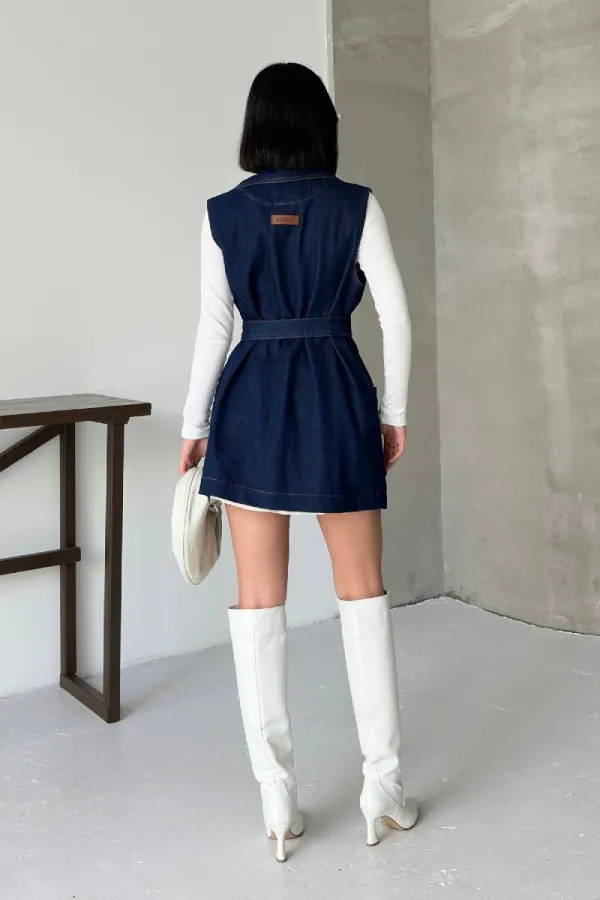 Belted and Cross Over Collar Denim Vest 6137-26-(S-XL) Regular Dark Blue