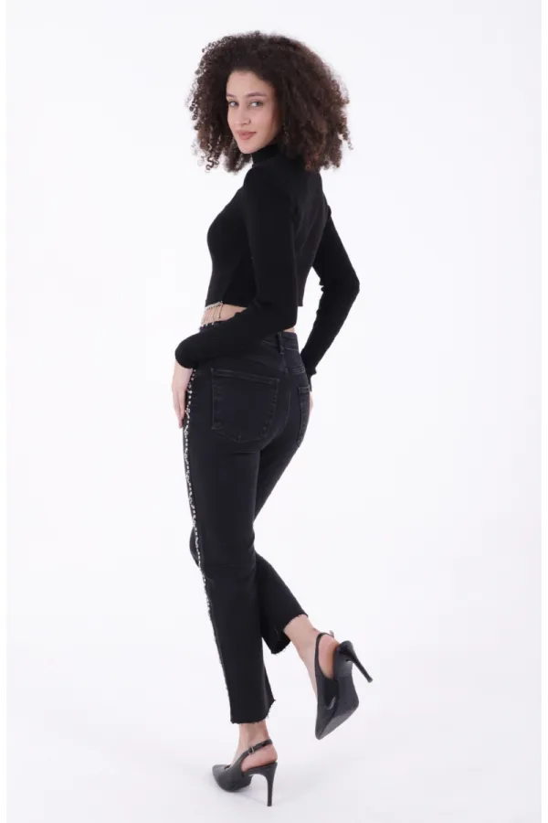 Yanları Droplı Mom Fit Kot Pantolon  7039-23-(26-31)