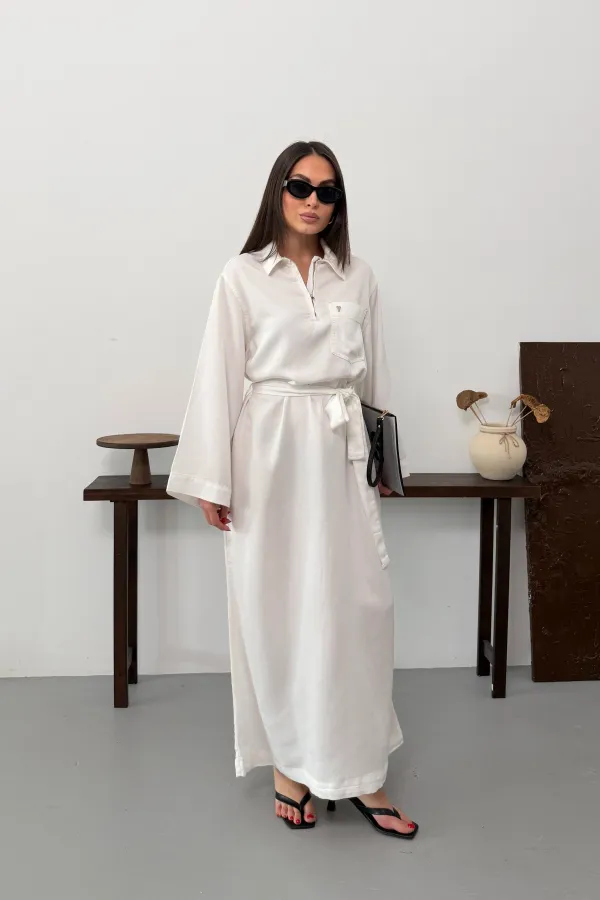 Belted Long Denim Dress 3035-51-(S-XL) Cream White
