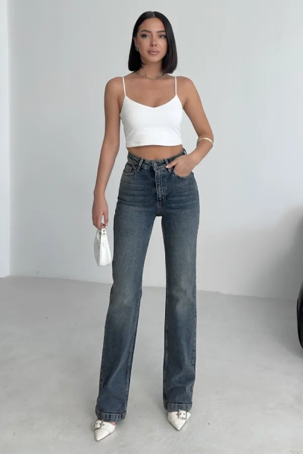 Stitched Hems Wide Leg Relaxed Jean 7026-62-(26-31) Middle Blue - Tinted