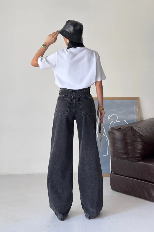 Wide Leg High Waisted Relaxed Jean  718-33-(27-32) Snow Anthracite