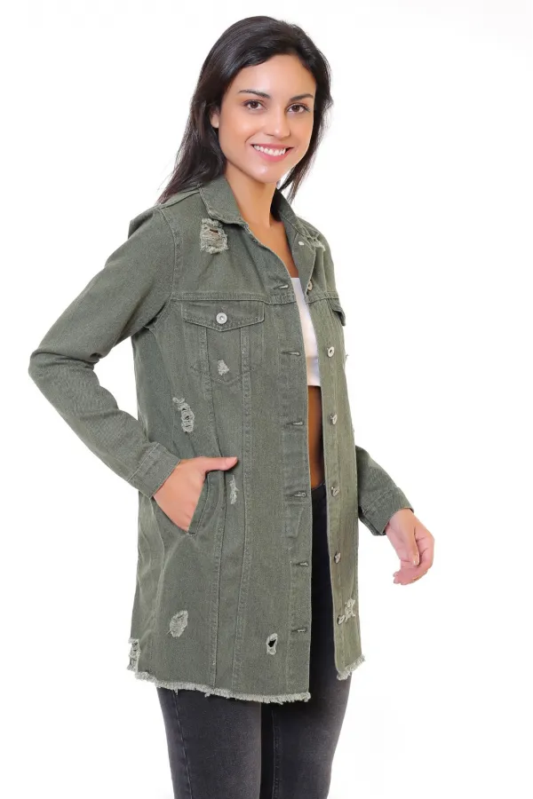 Fringe Finish Boyfriend Denim Jacket 679-67-(S-XL-6) Khaki Fringe Finish Boyfriend Denim Jacket 679-67-(S-XL-6) Khaki