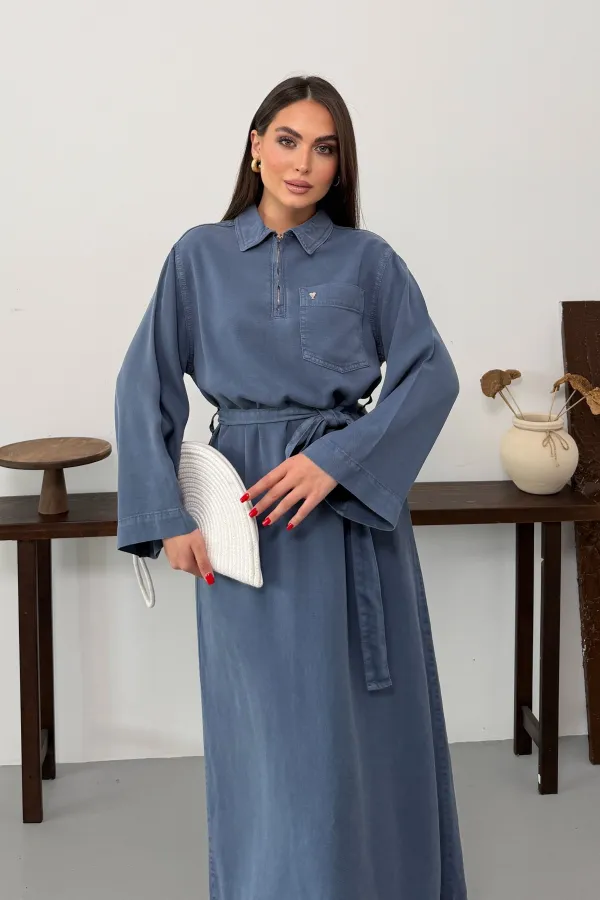 Belted Long Denim Dress 3035-98-(S-XL) 
