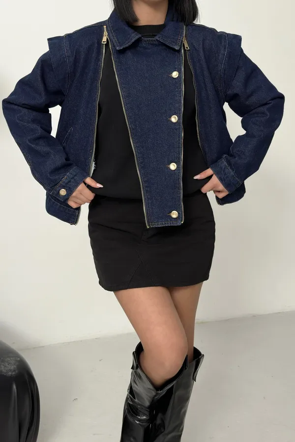 Zipper Detail Denim Jacket 6141-17-(S-L-3) Slubbed Navy Blue Zipper Detail Denim Jacket 6141-17-(S-L-3) Slubbed Navy Blue