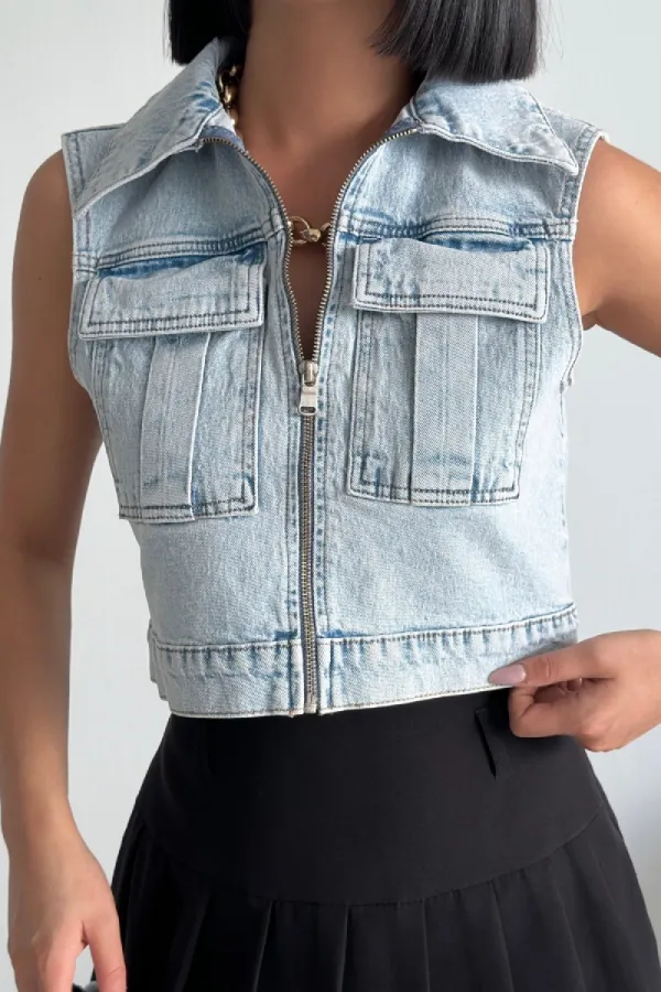 Fermuarlı Mini Kot Yelek 6018-08-(XS-XL-5)