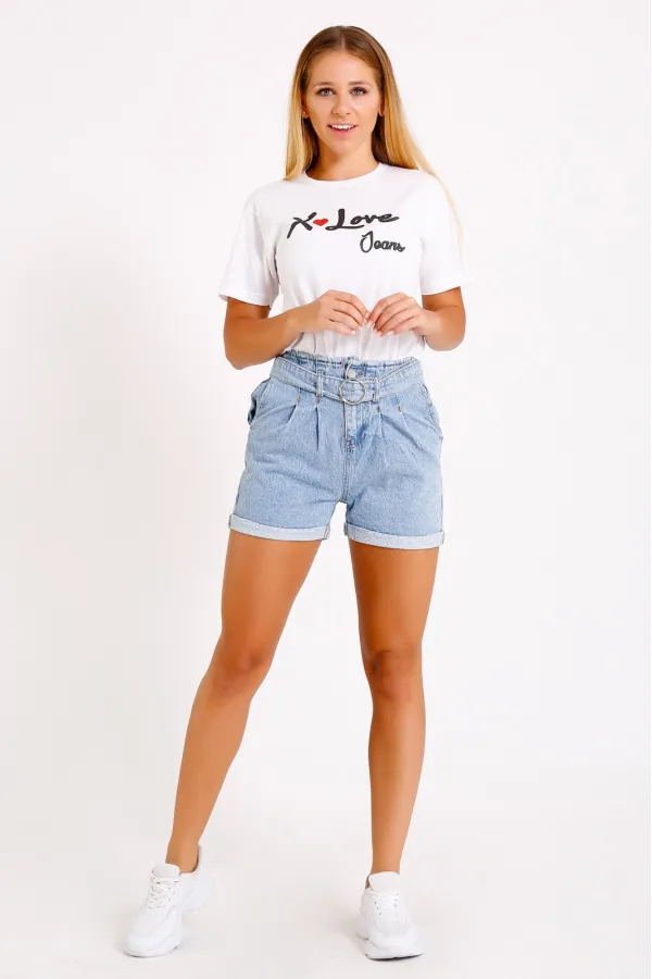 Pleated Denim Short with Denim Belt 222-42-(S-XL-6) Ice Blue - Tinted Pleated Denim Short with Denim Belt 222-42-(S-XL-6) Ice Blue - Tinted