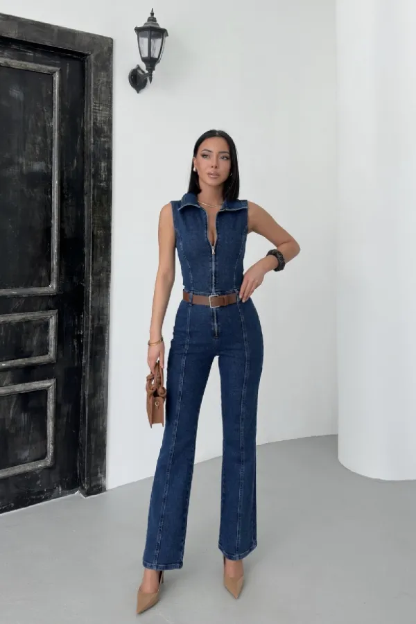 Combinaison en jean sans manches à fermeture éclair avec bonnets 3013-26-(S-XL)