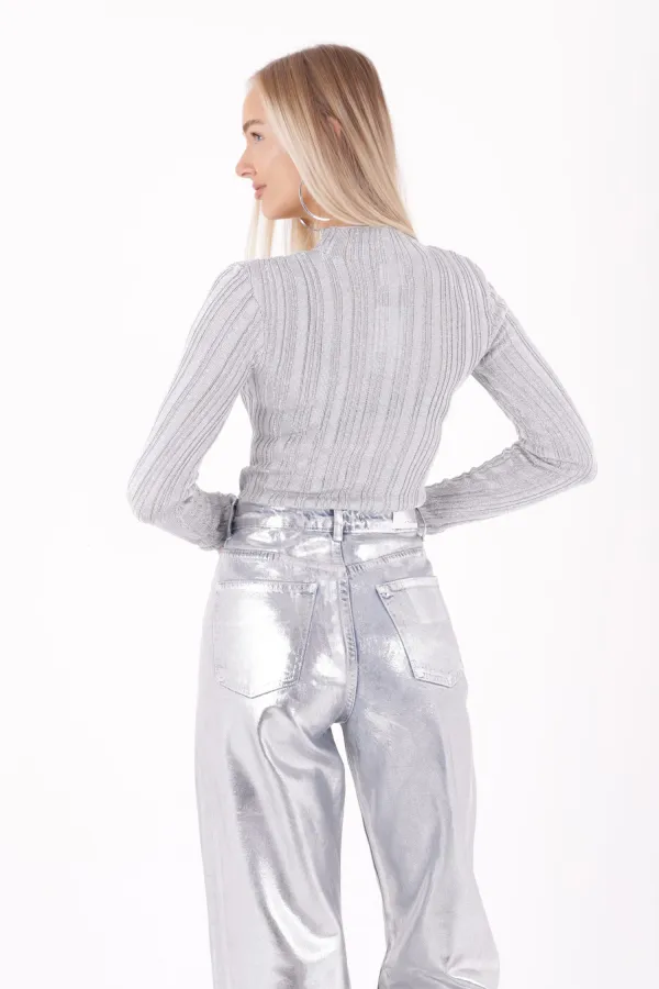 Wide Leg High Waisted Relaxed Jean  718-48-(26-31) Foiled Silver