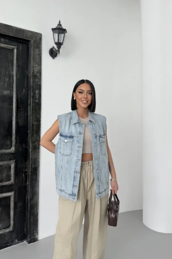 Gilet en denim mi-long 6053-08-(SL-4)