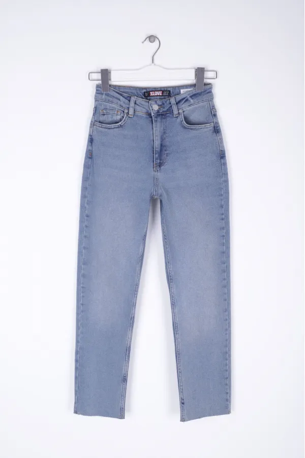 Fringe Ending High Waisted Mom Fit Jean  764-62-(30-36) Middle Blue - Tinted