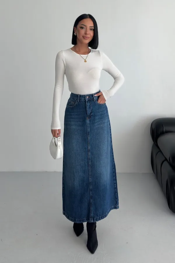 Long Denim Skirt 1082-01-(36-42-6) Dark Blue Denim