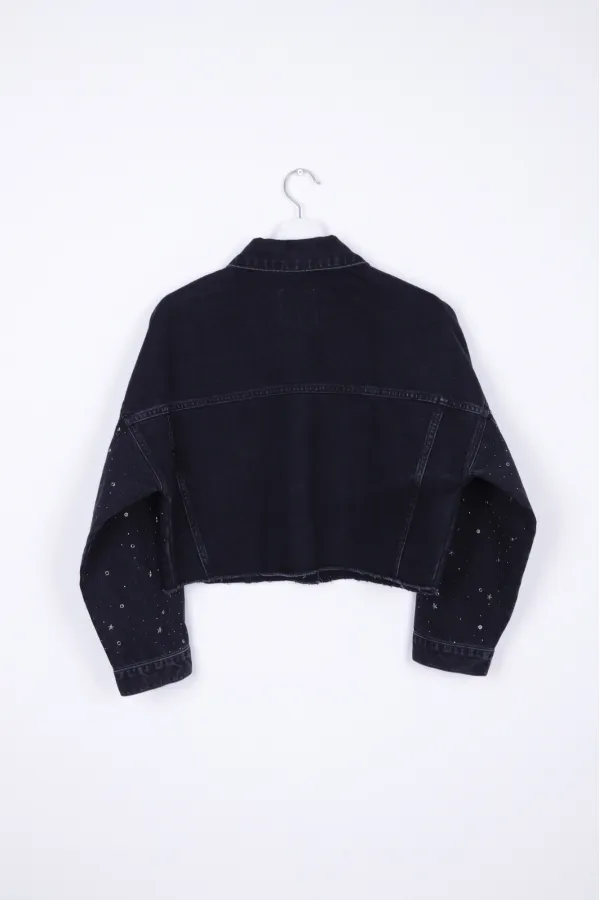 Oversize Short Denim Jacket with Stars and Rhinestones 6005-23-(S-L-5) Regular Anthracite Oversize Short Denim Jacket with Stars and Rhinestones 6005-23-(S-L-5) Regular Anthracite