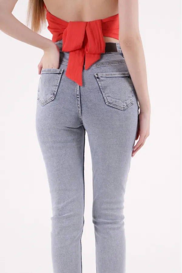 Fringe Ending High Waisted Mom Fit Jean  764-08-(30-36) Snow Light Blue