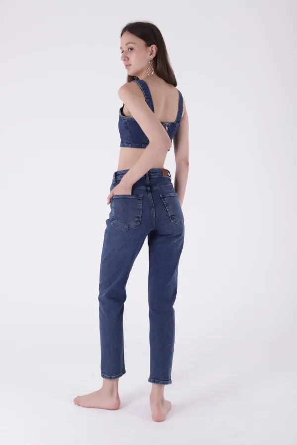 High Waisted Comfort Slim Ankle Length Jean  896-01-(28-33) Dark Blue Denim