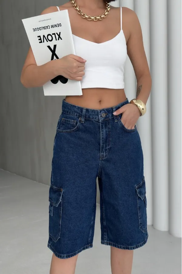 Mid Length Denim Shorts with Pocket Detail 2026-26-(36-42-6) Regular Dark Blue