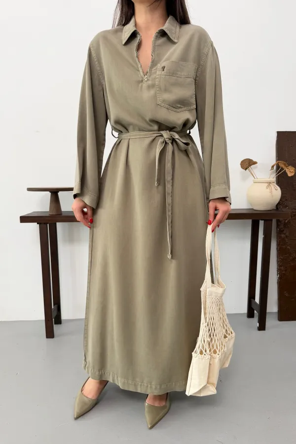 Belted Long Denim Dress 3035-74-(S-XL) Green