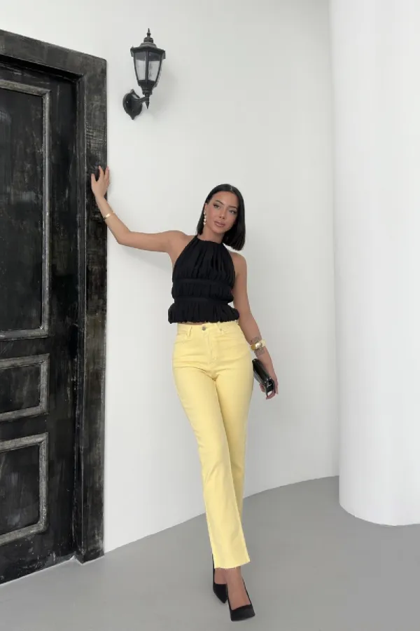 Fringe Ending High Waisted Mom Fit Jean 764-93-(26-31) Light Yellow
