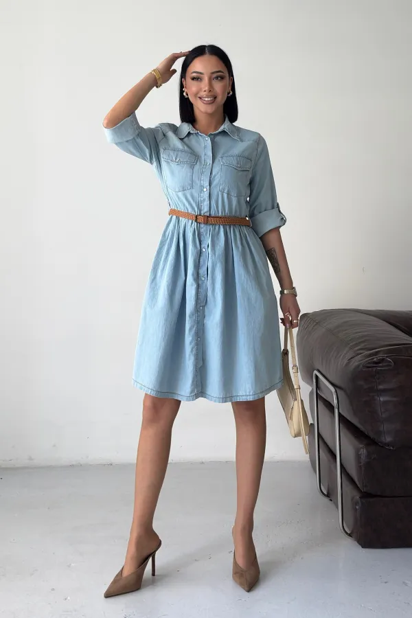 Büzgü Detaylı Kısa Kot Elbise  3040-42-(S-XL)