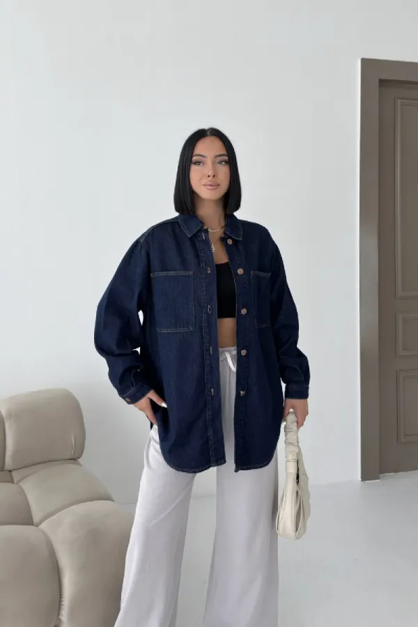 Düğmeli Oversize Kot Gömlek 6080-17-(S+L+3)