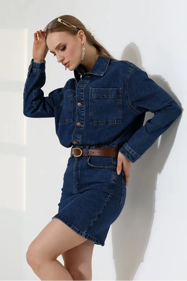 Robe mini en jean boutonnée 3027-01-(SL-3)