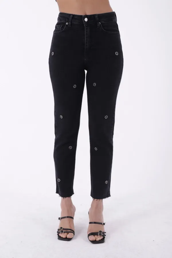 Taşlı Mom Fit Kot Pantolon  7023-08-(32-36)