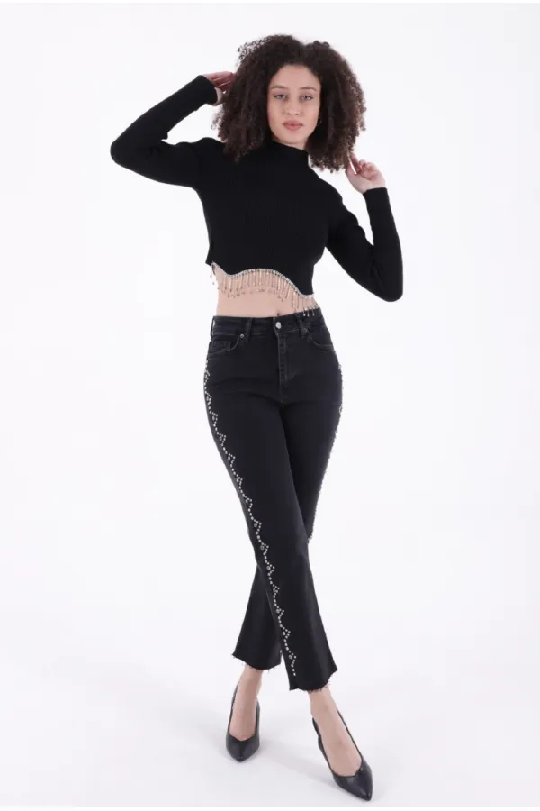Yanları Droplı Mom Fit Kot Pantolon  7039-23-(28-33)