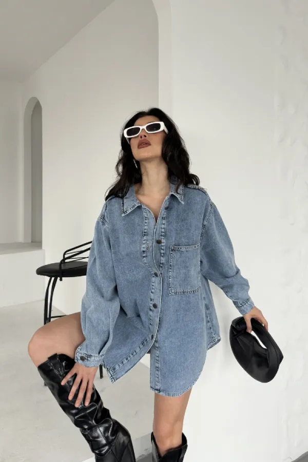 Oversize Denim Jacket with Buttons 6080-08-(S+L+3) Snow Light Blue
