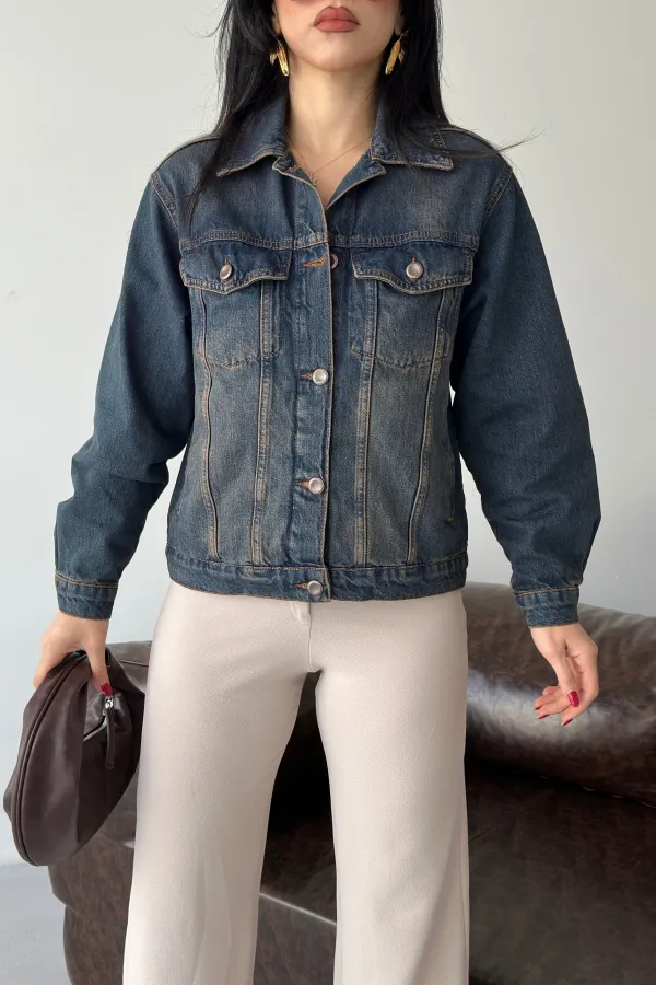 Denim Jacket with Buttons  6081-19-(S-L-3) Dark Blue Intense Tinted