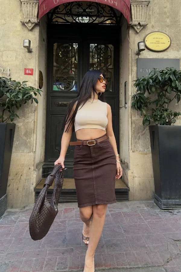 Classic Mid Length Denim Skirt 1039-78-(42-46-2) Brown Classic Mid Length Denim Skirt 1039-78-(42-46-2) Brown