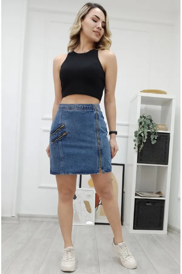 Önü Fermuarlı Mini Kot Etek  192-27-(S-XL-6)