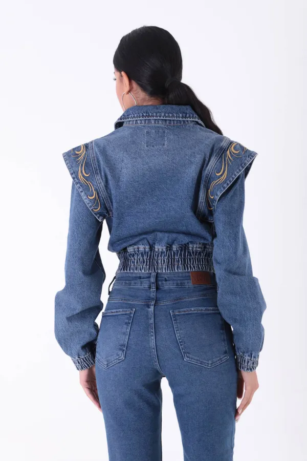 Denim Jacket with Embroidered Shoulder and Zipper Closure 1603-01-(SL-5) Denim Jacket with Embroidered Shoulder and Zipper Closure 1603-01-(SL-5)