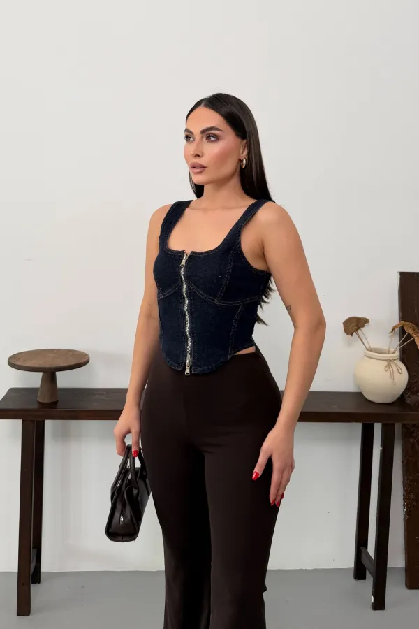 Fermuarlı Denim Büstiyer 411-17-(S-L-3)